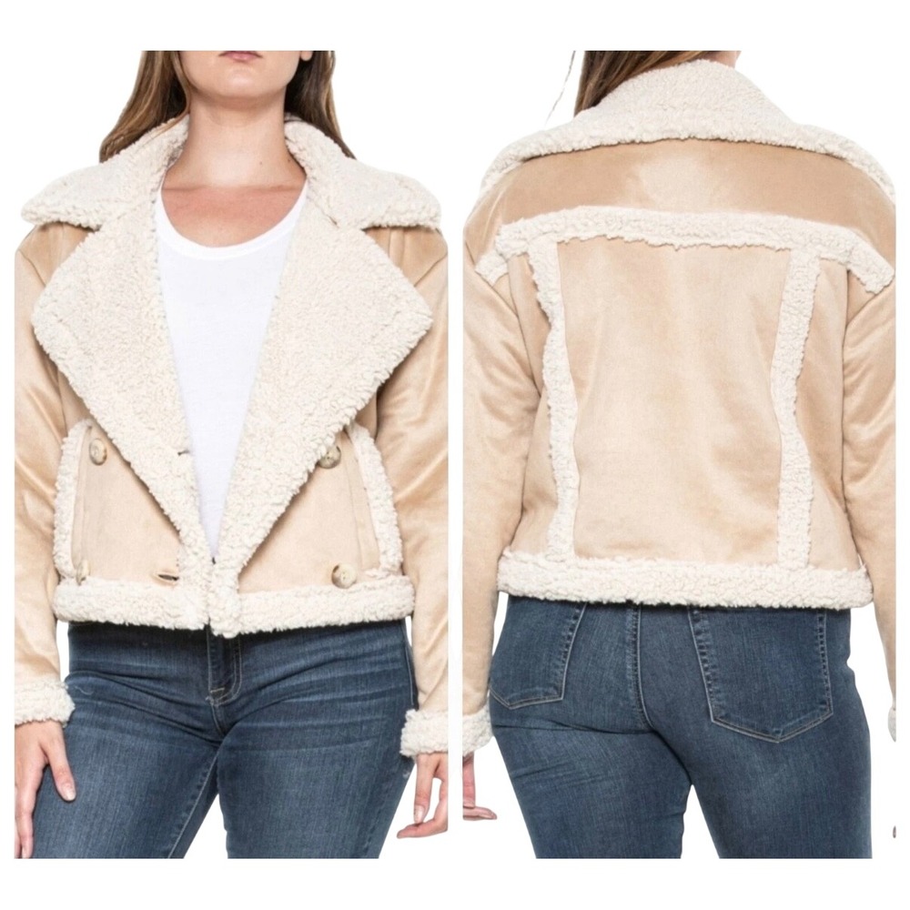Frye Women Sand Faux Suede Shearling Double Breasted Jacket Outerwear L Casual